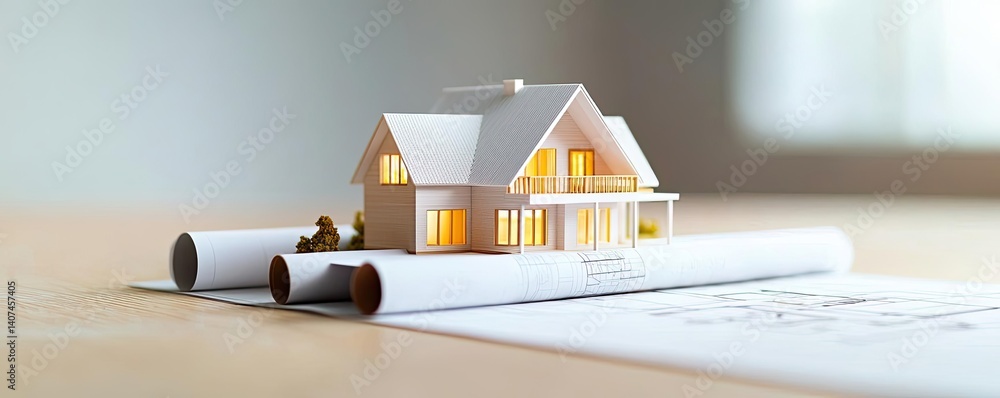 Poster building house on blueprint inside architecture and plan concept. miniature house model on blueprint