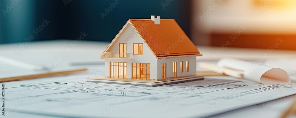 Poster building house on blueprint in a dwelling and architecture concept. miniature house model on archite