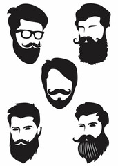 Handsome face man beard man emblems icons. Set of vector bearded hipster men faces. Haircuts, beards, mustaches set vector illustration