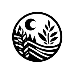 Minimalist Nature Icon: Moon, Wheat, Hills, and Foliage