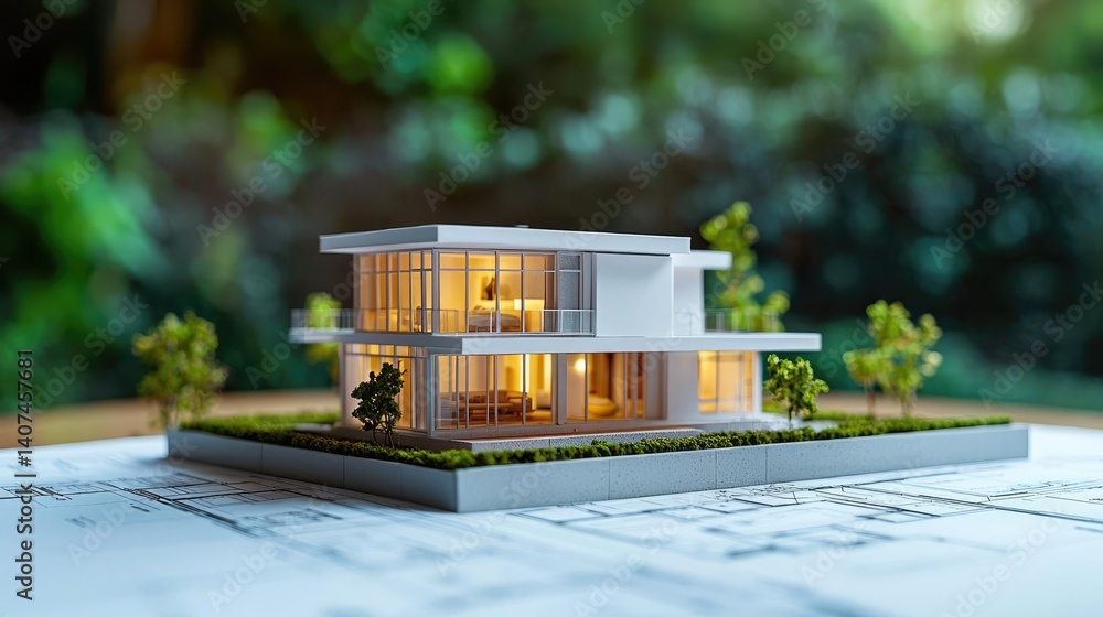 Poster building house on blueprint inside architecture and plan concept. a detailed architectural model sho