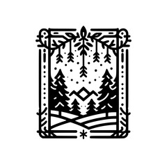 Winter Forest Icon, Minimalist Black & White Illustration