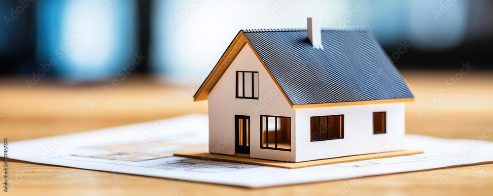 Poster building house on blueprint featuring construction and dwelling concept. a close-up of a miniature h