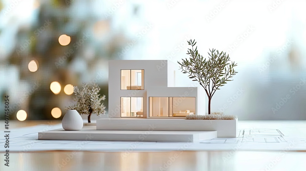 Poster building house on blueprint featuring construction and dwelling concept. modern architectural model 