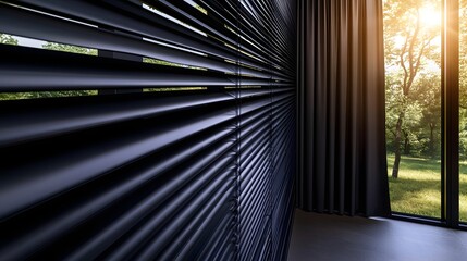 Contemporary Interior with Black Shades and Sunlight Streaming Through Window over Green Landscape