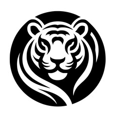 Bold Tiger Head in Circle, Black & White Graphic, Logo Design