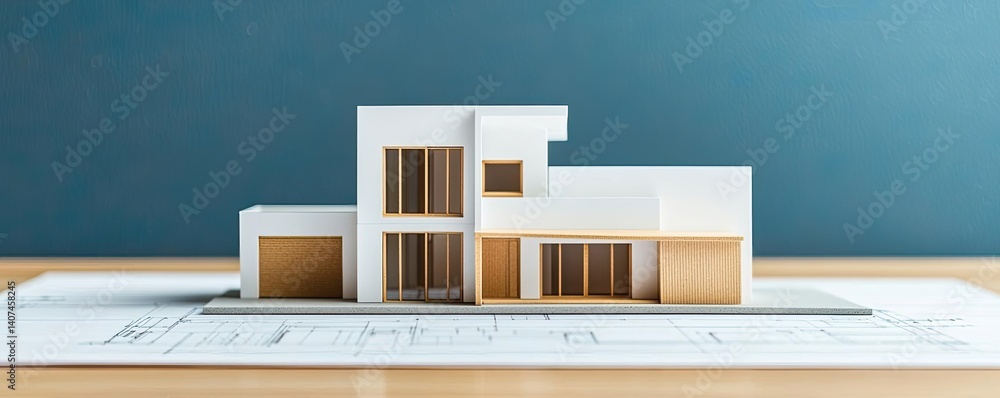 Poster building house on blueprint inside architecture and plan concept. modern architectural model showcas