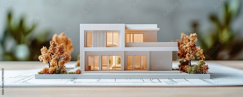 Poster building house on blueprint inside architecture and plan concept. a modern architectural model showc