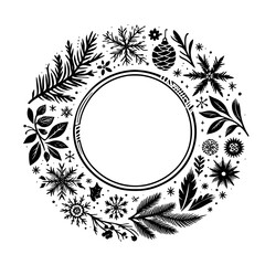 Festive Black and White Christmas Wreath Illustration