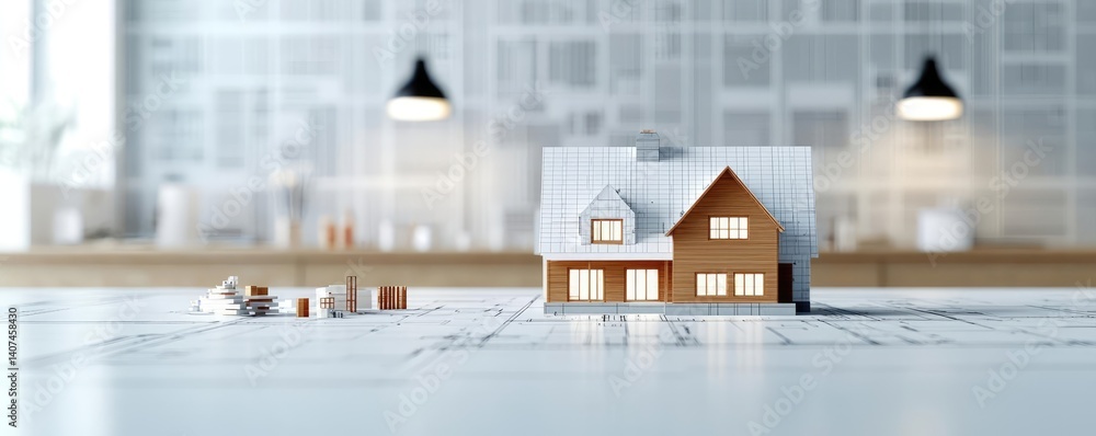 Poster building house on blueprint inside architecture and plan concept. a model house on a blueprint in a 