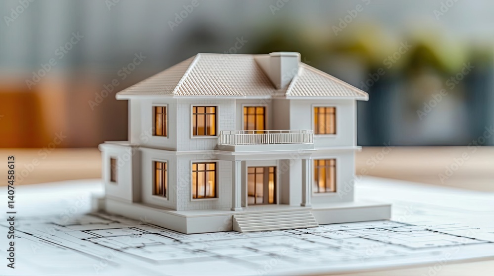 Poster building house on blueprint in a dwelling and architecture concept. detailed model of a house with i
