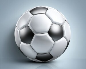 Fototapeta premium A realistic soccer ball with a classic black and white design, resting on a reflective surface against a soft blue background.