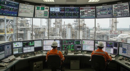 Industrial control room with engineers monitoring operations in refinery plant