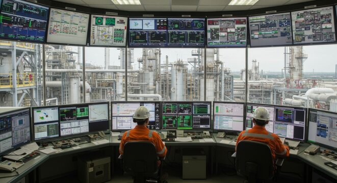 Industrial control room with engineers monitoring operations in refinery plant