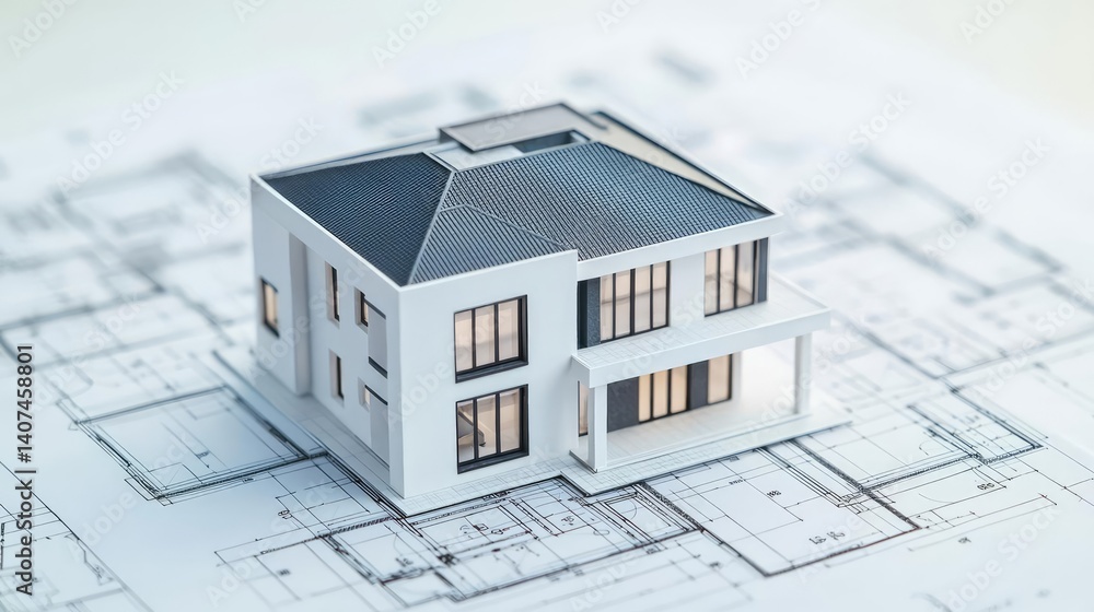 Poster building house on blueprint in a dwelling and architecture concept. miniature house model on archite
