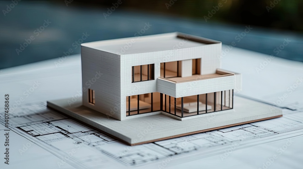 Poster building house on blueprint in a dwelling and architecture concept. miniature modern house model on 