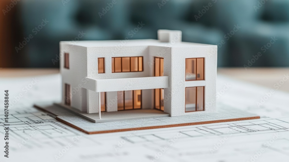 Poster building house on blueprint in a dwelling and architecture concept. detailed model of a modern house