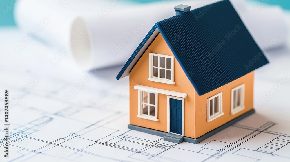 Poster building house on blueprint inside architecture and plan concept. miniature house model on architect