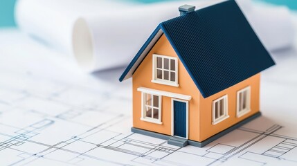 Building house on blueprint inside architecture and plan concept. Miniature house model on architectural blueprints for design.