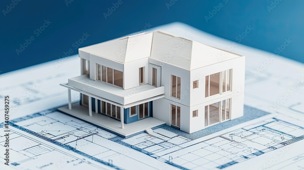 Aufkleber building house on blueprint featuring construction and dwelling concept. architectural model demonst