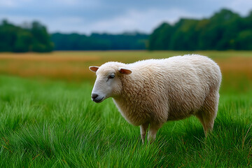 Obraz premium A fluffy white sheep grazes in a lush green field under a cloudy sky