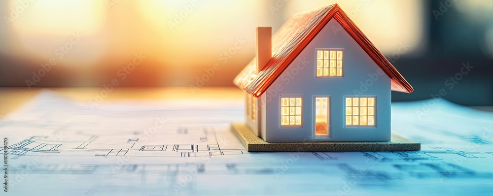 Poster building house on blueprint inside architecture and plan concept. detailed model house on architectu