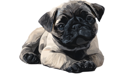 Pug puppy sitting down, illustrated in a playful artwork style on a transparent background --ar 16:9 --v 7.0
