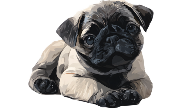 Pug puppy sitting down, illustrated in a playful artwork style on a transparent background --ar 16:9 --v 7.0