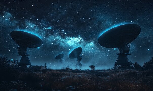 collection Set of Radio telescopes at night with starry nights releasing with hologram hud as wide banner for space research and discovery and futuristic communication concepts - Generative AI