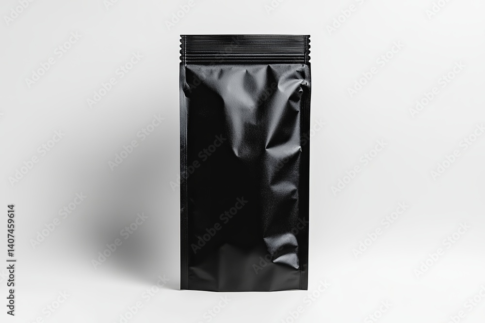 Poster a black foil pouch with a zip lock standing on a white surface in a studio setting with a shadow