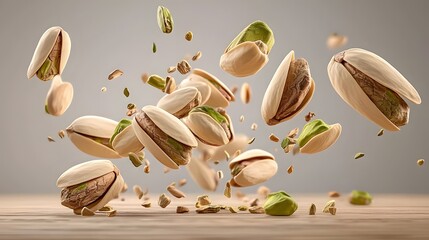Naklejka premium Flying Pistachio Nuts in Their Shells Against a Neutral Background with a Wooden Surface