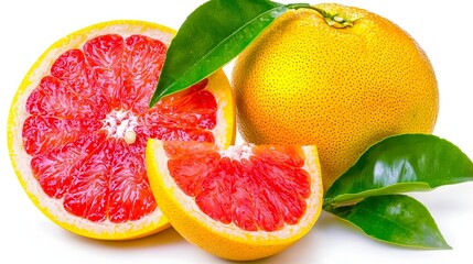 Vibrant Freshly Cut Grapefruit Slices with Leaves on a White Background