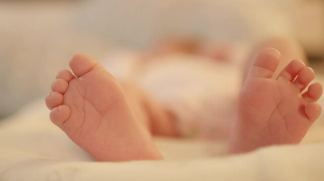 Baby, new life, cute concept. Feet and legs of calm newborn baby