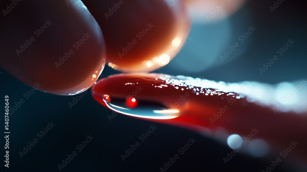 Poster close interaction of a finger and a droplet showcasing vibrant colors and textures during a scientif