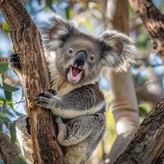 Obraz premium Adorable Koala Hugging a Tree in Peaceful Surroundings, Radiating Calm and Natural Charm