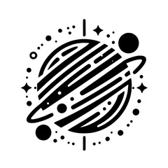 Minimalist Black & White Space Illustration: Planet, Stars, & Rings