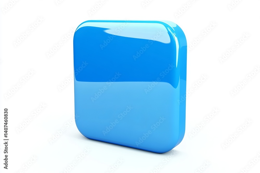 Aufkleber a shiny blue rounded rectangle standing on a white surface with a soft shadow underneath it