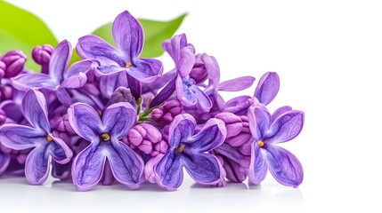 Delicate Arrangement of Vibrant Purple Lilac Flowers with Green Leaves on White Background