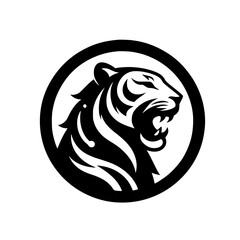 Aggressive Tiger Head Logo in a Circle, Black and White, Vector Art