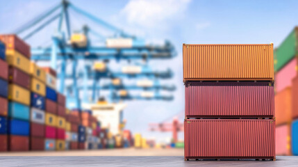 Fototapeta premium Stacked shipping containers in busy port with cranes in background, showcasing logistics