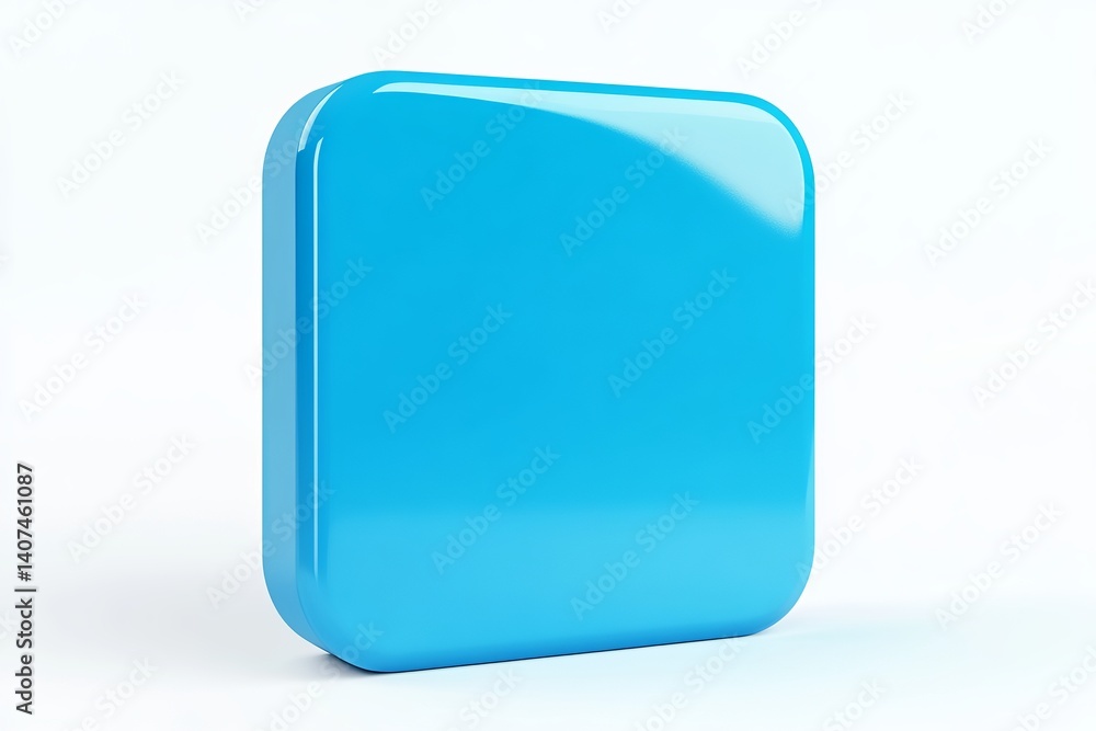 Poster a glossy light blue rounded square stands against a white background in a studio setting view from s