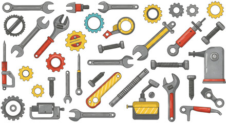 Fototapeta premium Assorted Mechanical Tools And Gears Pixel Art Illustration