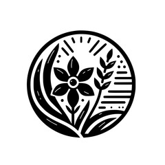 Minimalist Floral Emblem in Circle, Black and White Illustration