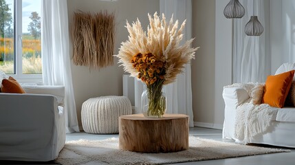 Stylish Modern Living Room with Elegant Floral Arrangement in a Wooden Vase and Cozy Decor