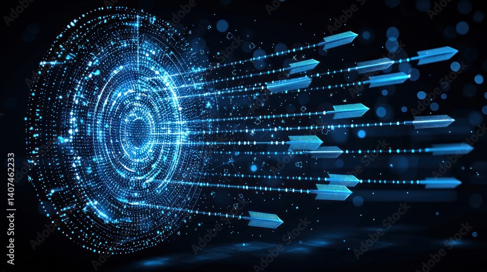 Poster abstract digital data stream: glowing blue arrows converging on a circular data center