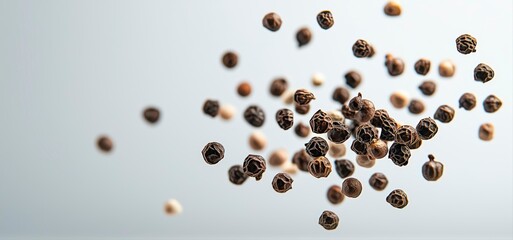 Black peppercorns floating in air, copy space
