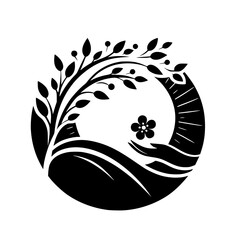 Elegant Black & White Floral Circle Design, Symbolic of Nature