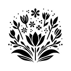 Minimalist Floral Design: Black and White Flower Arrangement on White Background