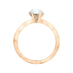 Watercolor illustration of a diamond engagement ring on transparent background.