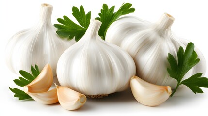 Fresh Garlic Bulbs and Cloves Surrounded by Green Parsley Leaves on White Background